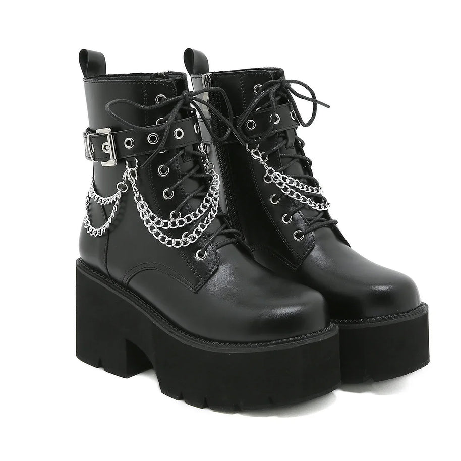 WW | Frauen Plattform Schuhe Schwarze Gothic Schnalle Pu Leder Frau Creeper Punk Schuhe Weiblich Schwarze Stiefeletten Kurze Kampf Stiefel für Frauen