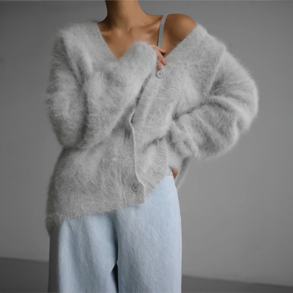 WW | Strickpullover Weicher Mohair Übergröße Passform Lange Ärmel Knopfverschluss