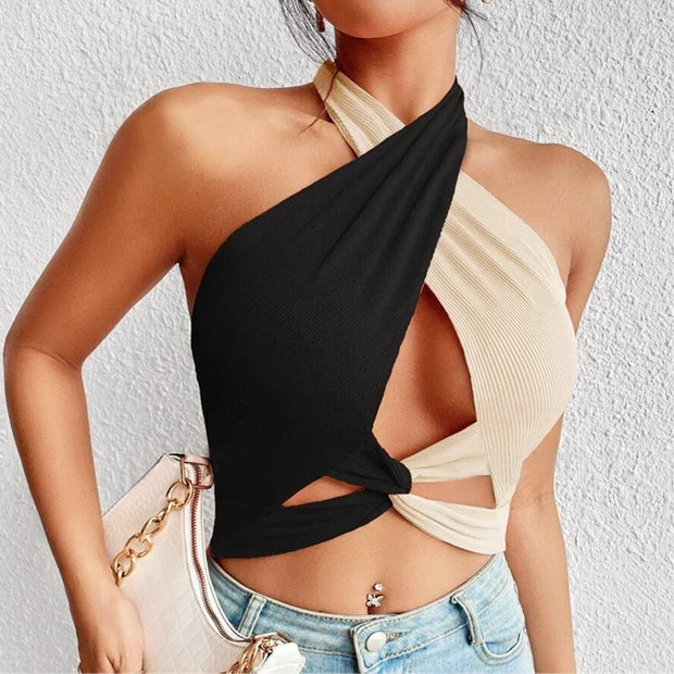 WW | Frauen Sommer Tank Tops Sexy Patchwork Cross Halterneck Träger Loch Crop Tops Hoch Street Wear Neue Mode