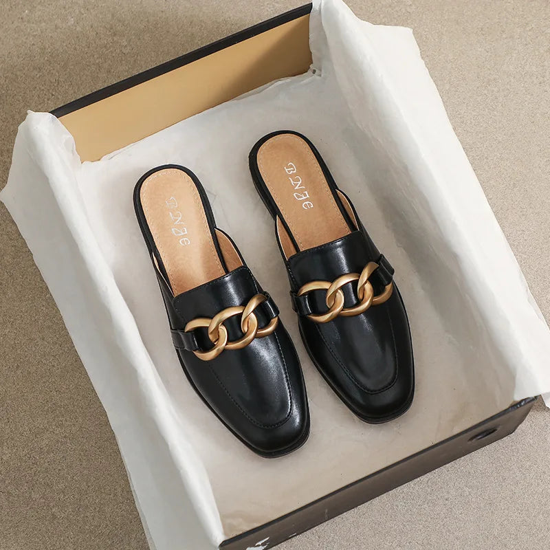 WW | Frauen Mules Mode Design Flach Quadrat Zehen Kette Rückenfrei Schuhe Sommer Außen- und Innenbürogebrauch Weiß Schwarz
