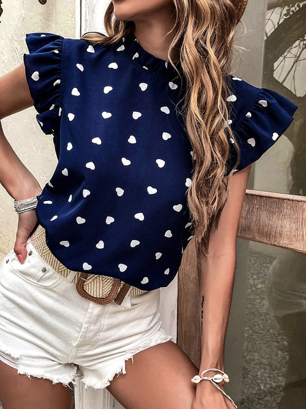 WW Freizeitbluse | Sommerbluse mit kurzen Ärmeln und Herzdruck
