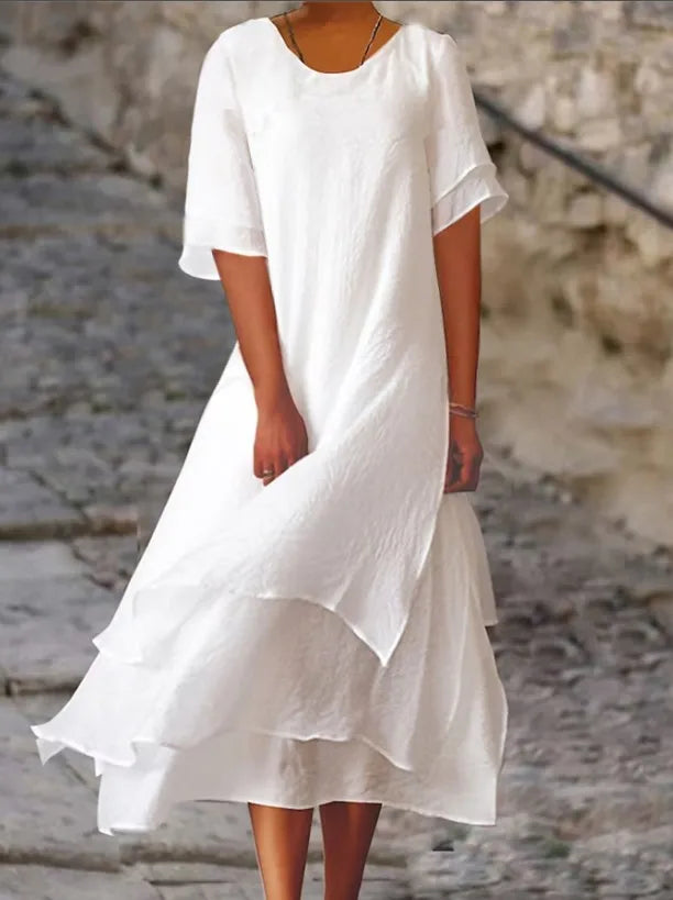 W&W Mode | Doppellagiges Geschlitztes Kurzärmeliges Kleid Mit Rundhalsausschnitt