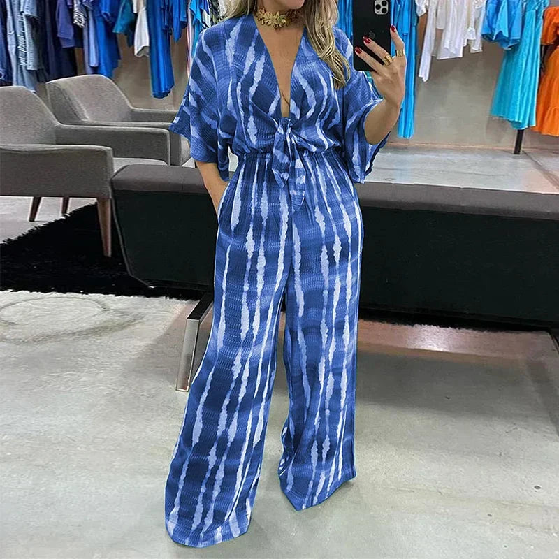 WW | Wefads Damen Jumpsuit Dolman Ärmel V-Ausschnitt Schnürung Tailliert Gedruckte Lockere Weite Beine Legere Hose Romper High Streetwear
