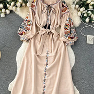 WW | Bestickte Maxikleid aus Leinen mit Laternenärmeln Virjelyn