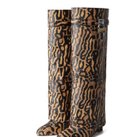 WW | Damen Kniehoge Stiefel Shark Lock Lange Dicke Sohlen High Heels Stiefel Designer Luxusmarke Damen Lederstiefel