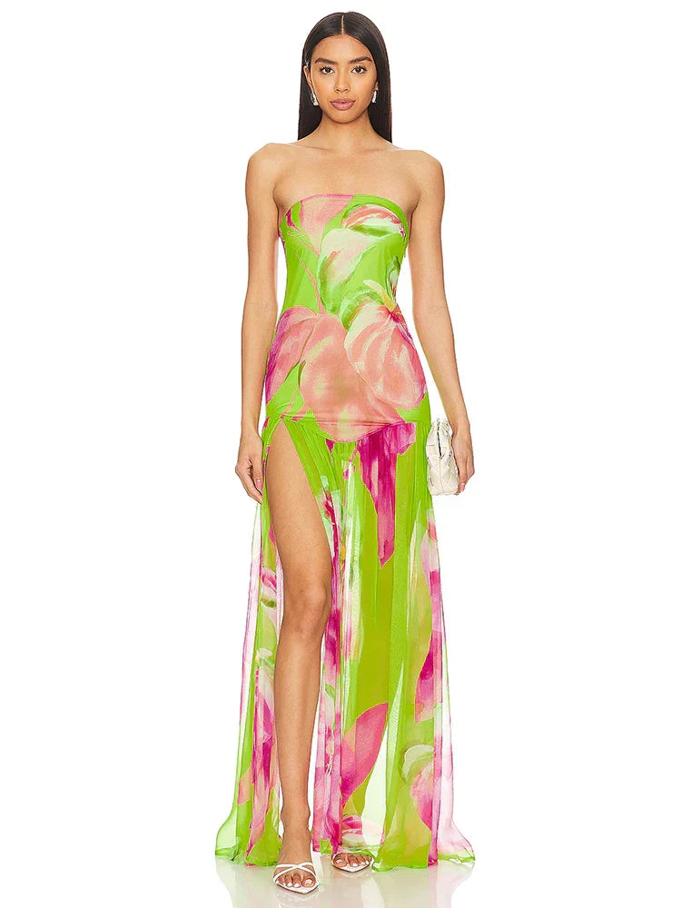 WW | Neues Sommerdruck Strapless Mesh Patchwork Schlitz Lang Kleid Frauen Sexy Ärmellos Gedruckt Bunt Ferien Maxi Kleid Party