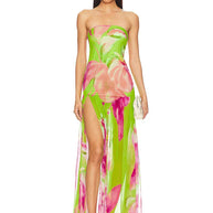 WW | Neues Sommerdruck Strapless Mesh Patchwork Schlitz Lang Kleid Frauen Sexy Ärmellos Gedruckt Bunt Ferien Maxi Kleid Party