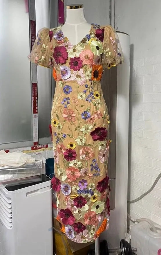 WW | Runway Frühling/Sommer Neu Mesh 3D Blumenstickerei Perspektiv Abend Prom Kleid Frauen Urlaub Robe Vestido Fest