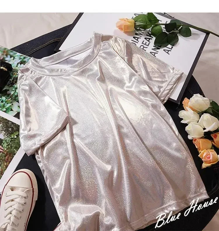 WW | S 5Xl Damen Funkelnd Shiny Metallisch Holografisch Rundhals Kurzarm Lässig Lose Top Festival Party T-Shirt Damenbekleidung