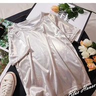 WW | S 5Xl Damen Funkelnd Shiny Metallisch Holografisch Rundhals Kurzarm Lässig Lose Top Festival Party T-Shirt Damenbekleidung