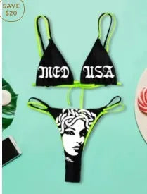 WW | Sexy Goth Bikini Frauen Buchstaben Totenkopf Druck Badeanzug Split Badeanzug Hohe Taille Gotische Bikini Set Strandoutfits