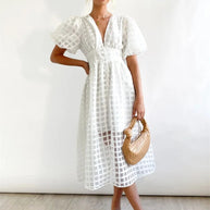 Midikleid - Vintage - Puffärmel - Karomuster