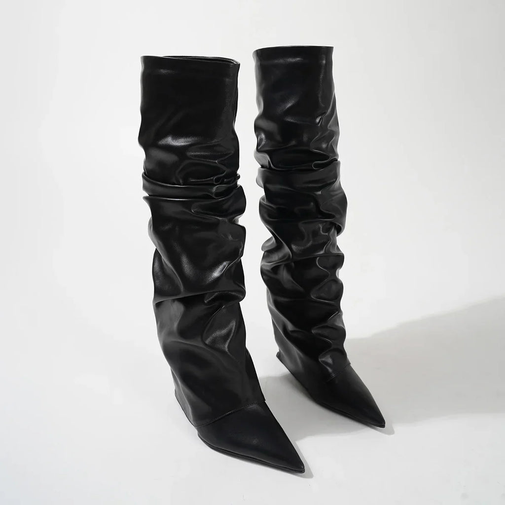 WW | Plissierte Schwarze Leder Damen Kniehange Stiefel Sexi Slip-On Wedges Schuhe Fest Damen Spitze Zehe Frauen Hohe Knie Botas Femininas