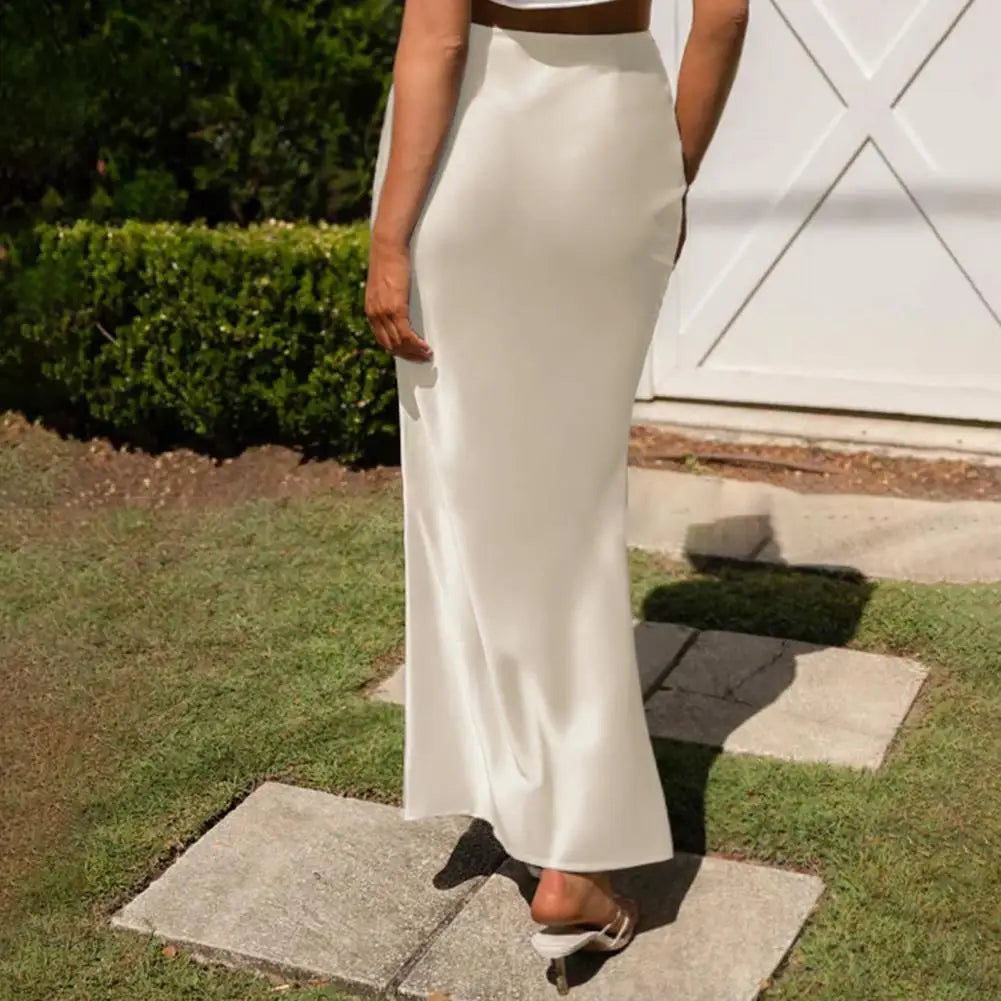 WW | Faux-Seiden-Satin Damenrock Elegant Hohe Taille A-Linie Fischschwanzrock Glänzend Büro Dame Ausgestellt Saum Maxi Rock Gemusterte Röcke