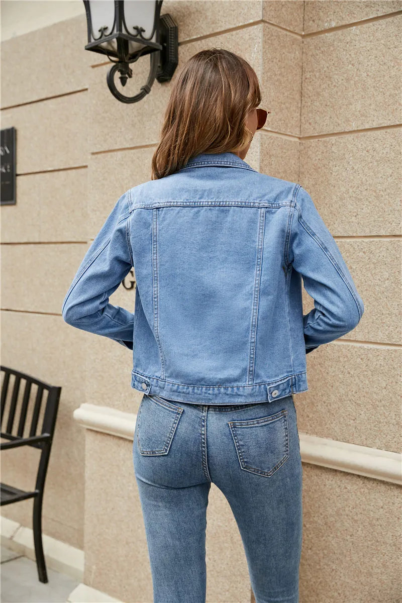 W&W Mode | Langärmelige Reverskragen Denim Jacke mit Taschen