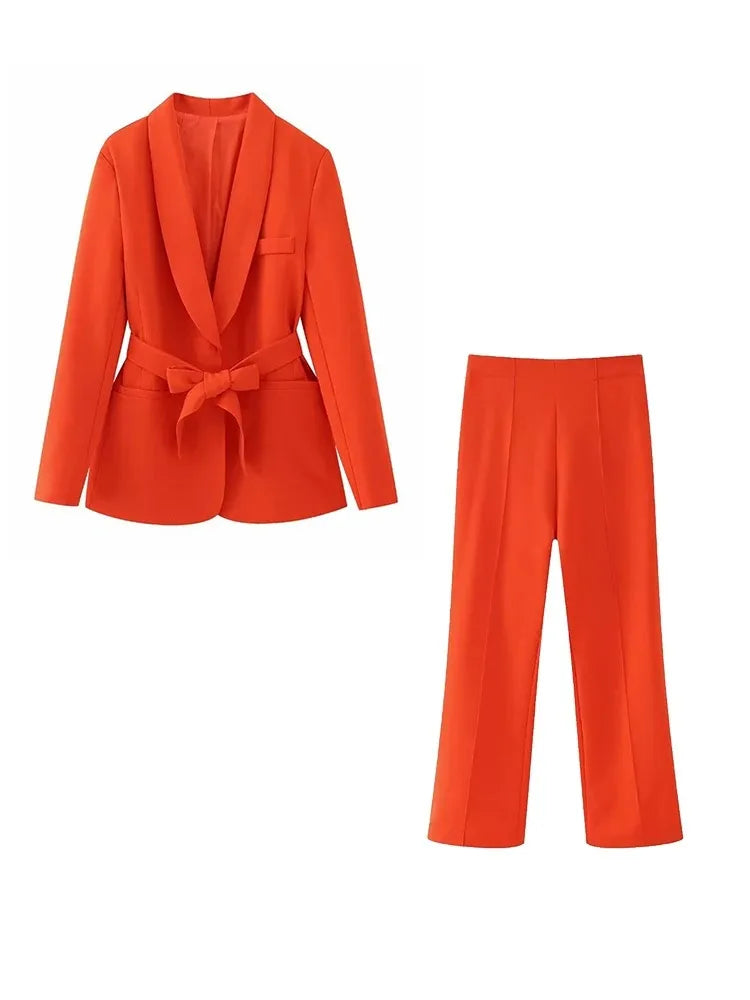 WW | Damen Freizeit Blazer Schicke Oberbekleidung Elegante Schlaghosen Langarm V-ausschnitt Gürtel Büro Pendler Anzug Satz
