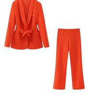 WW | Damen Freizeit Blazer Schicke Oberbekleidung Elegante Schlaghosen Langarm V-ausschnitt Gürtel Büro Pendler Anzug Satz