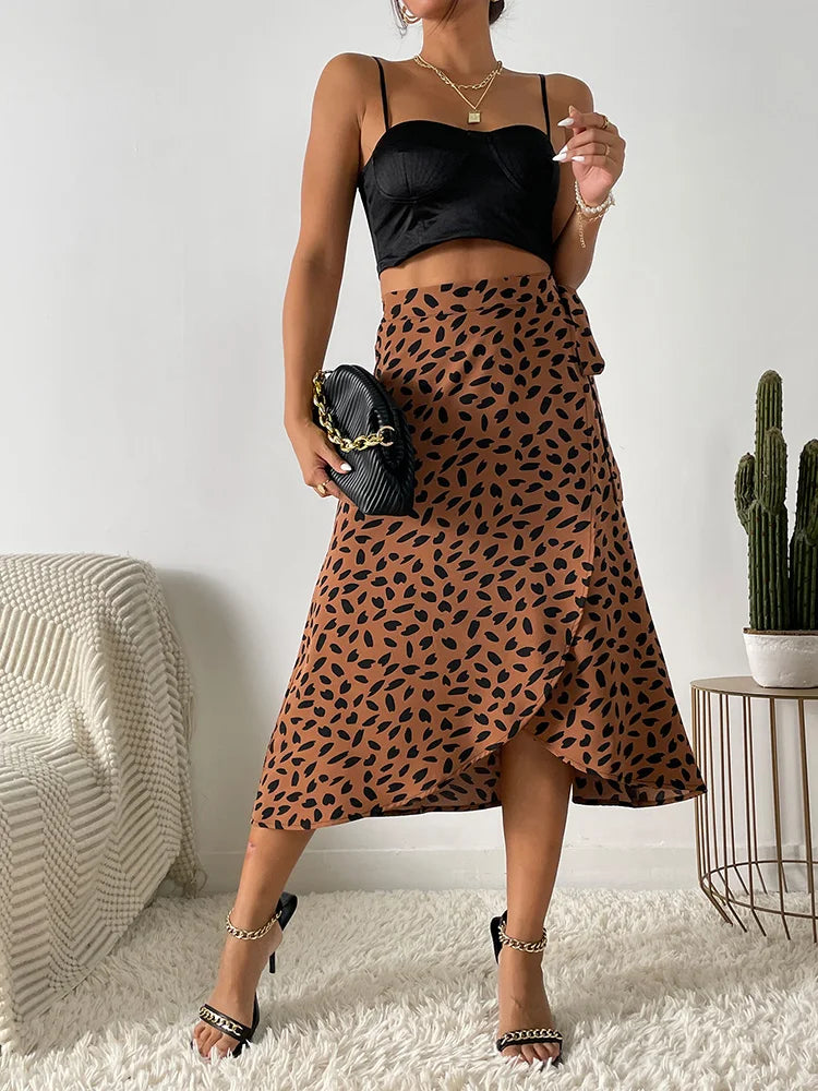 WW Asymmetrischer Rock | Moderner bedruckter A-Linien-Rock mit Bindeseite und hoher Taille für Damen