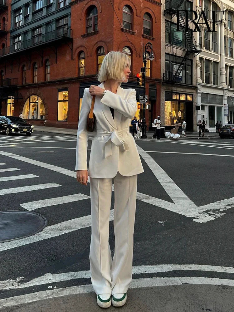 WW | Damen Freizeit Blazer Schicke Oberbekleidung Elegante Schlaghosen Langarm V-ausschnitt Gürtel Büro Pendler Anzug Satz