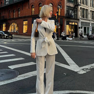 WW | Damen Freizeit Blazer Schicke Oberbekleidung Elegante Schlaghosen Langarm V-ausschnitt Gürtel Büro Pendler Anzug Satz