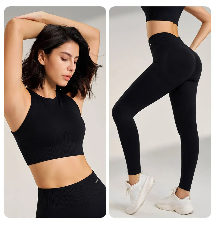 WW | Nahtloses Yoga-satz- Hoch-taillierte Leggings & Top Zweiteiliges Fitness-outfit