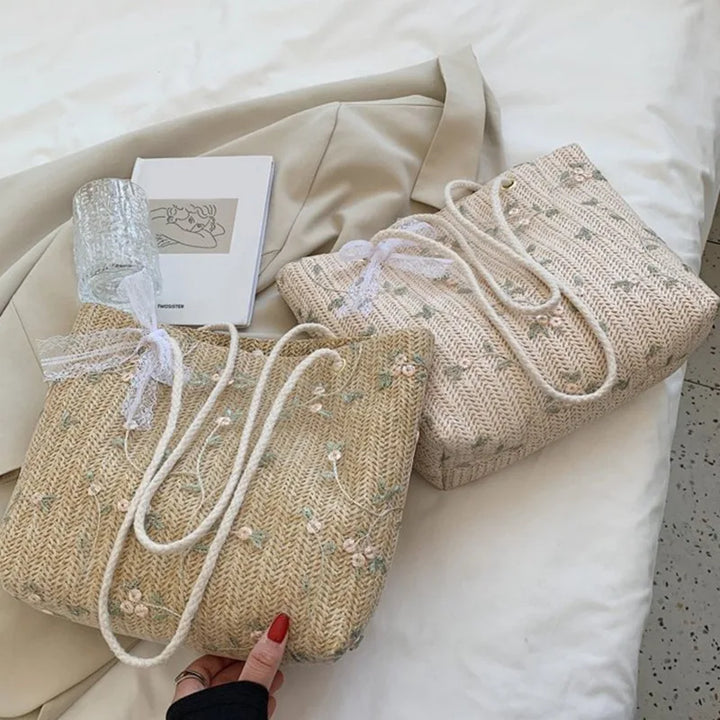 W&W Mode Sommer Tasche | Moderne Damen-Midi-Handtasche mit Blumenprint und Spitzen-Schleife