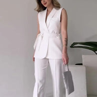 WW | Ärmelloser Blazer-Anzug Taillierte Passform Wickel-V-Ausschnitt Weite Hose