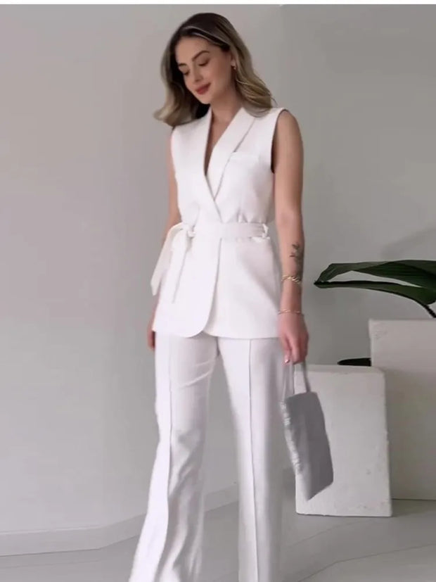 WW | Ärmelloser Blazer-Anzug Taillierte Passform Wickel-V-Ausschnitt Weite Hose