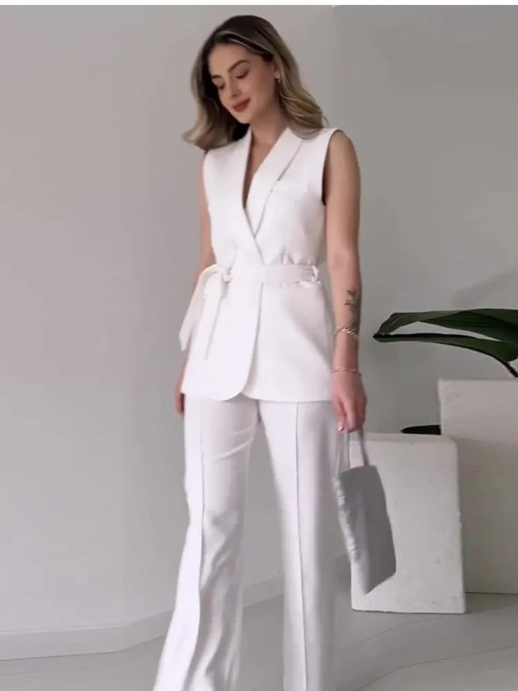 WW | Elegantes 2-teiliges ärmelloses Oberteil und lange Hosen Set einfarbig schlankes Set Damen Party Outfit