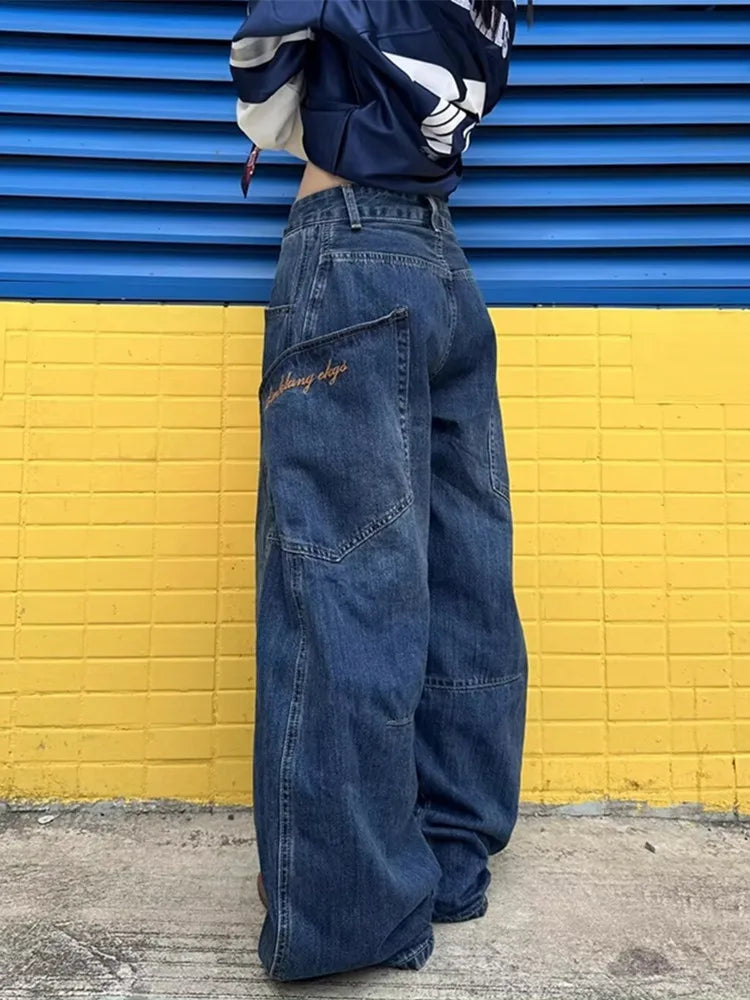 WW | Cyber Y2K Streetwear Blaue Breite Bein Baggy Harem Jeans Hosen für Frauen Designer Kleidung Multi Taschen Gerade Damen Hosen