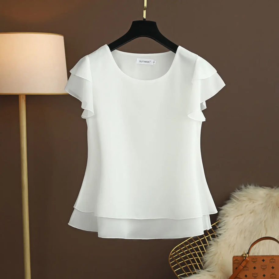 WW | Chiffon Bluse Mit O-ausschnitt Und Kurzen Ärmeln