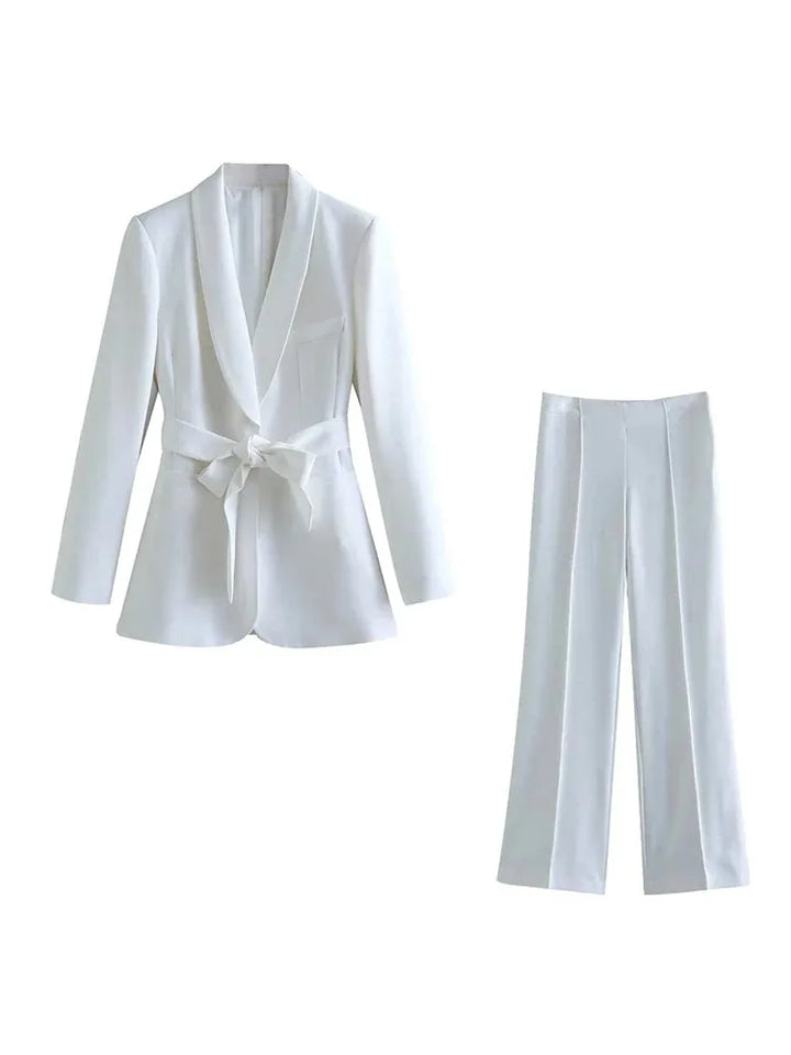 W&W Mode | Damen Freizeit Blazer Schicke Oberbekleidung Elegante Schlaghosen Langarm V-ausschnitt Gürtel Büro Pendler Anzug Satz