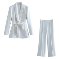 WW | Damen Freizeit Blazer Schicke Oberbekleidung Elegante Schlaghosen Langarm V-ausschnitt Gürtel Büro Pendler Anzug Satz
