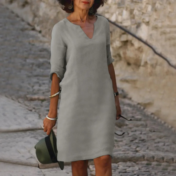 W&W Mode | Damen Baumwoll Leinen V-Ausschnitt Kleid Mit Halben Ärmeln