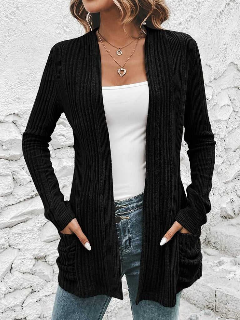WW | Langärmliger Strickjacke Mit Offener Vorderseite Und Zwei Taschen