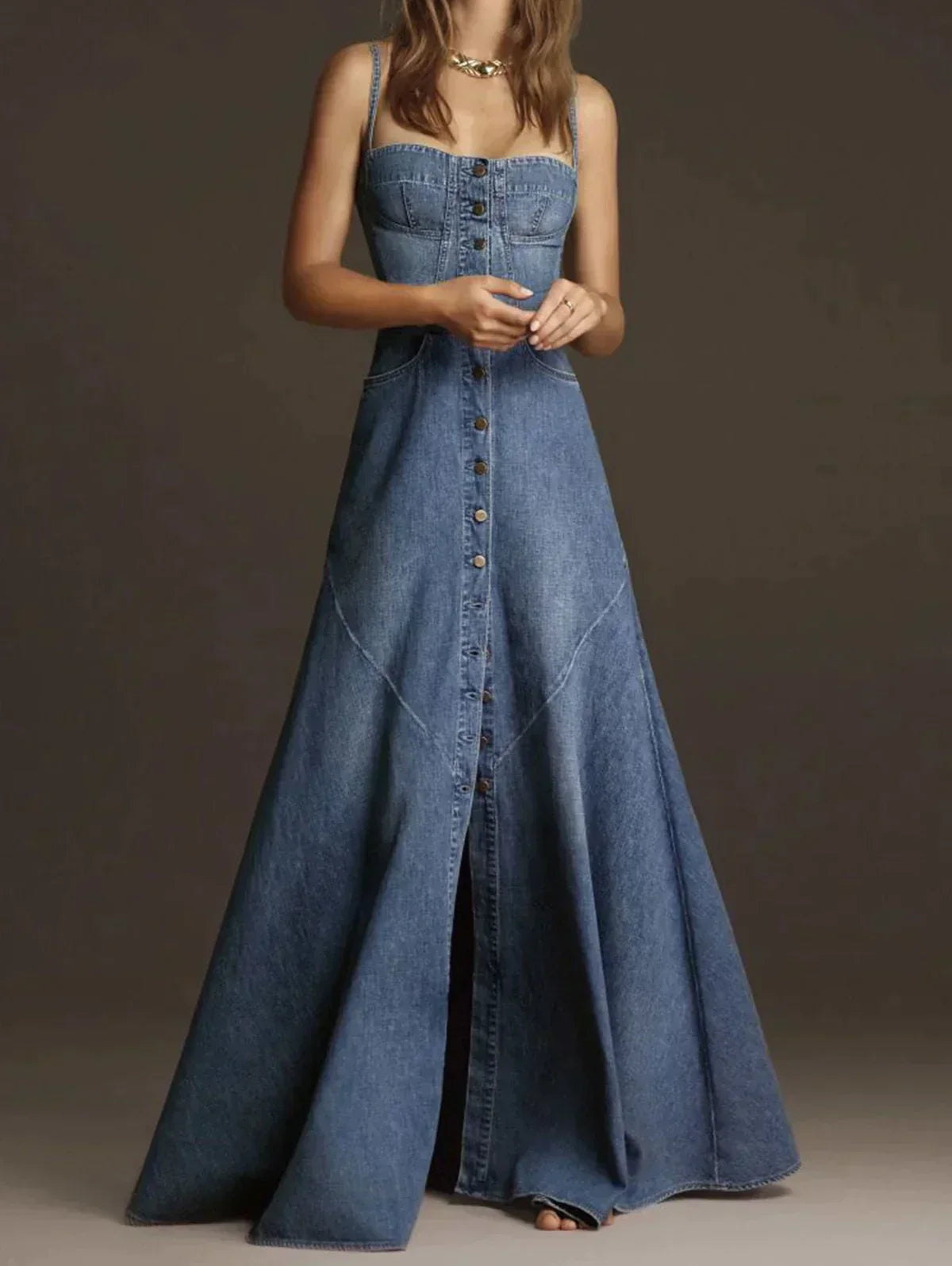 WW | Vintage Denim Spaghettiträgerkleid mit Quadratischem Kragen