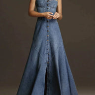 WW | Vintage Denim Spaghettiträgerkleid mit Quadratischem Kragen