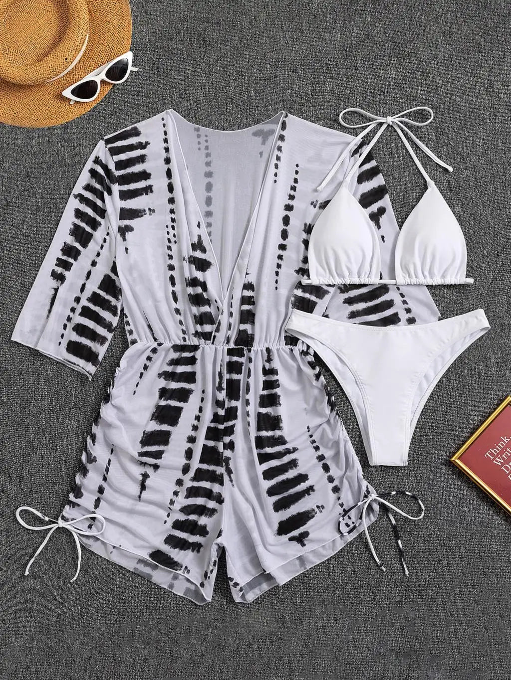 WW | 3 Stück Bikini Tropischer Druck Badebekleidung Halter Schnürseite Badebekleidung Frauen Badeanzug Weiblich Schwimmen Sommer Strandbekleidung