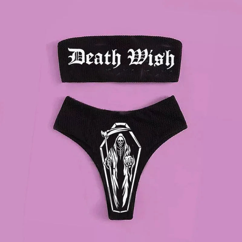 WW | Sexy Goth Bikini Frauen Buchstaben Totenkopf Druck Badeanzug Split Badeanzug Hohe Taille Gotische Bikini Set Strandoutfits