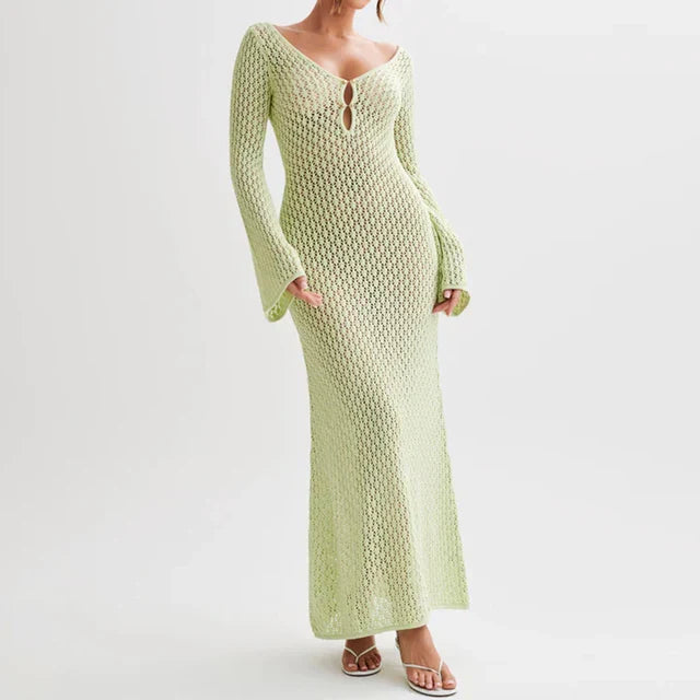 WW | Maxi Strickkleid Häkeltextur V-ausschnitt Lange Ärmel Fließender Boho Stil