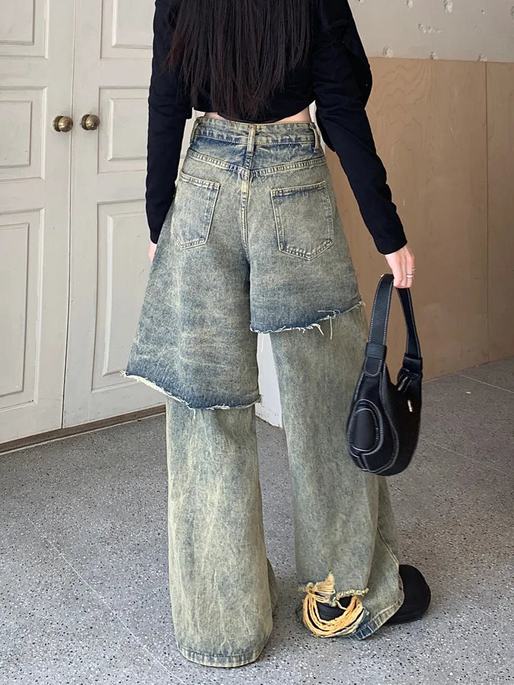 WW | Trashy Y2K 2000Er Streetwear Gewaschene Blaue Baggy Ripped Stacked Jeans Hose für Frauen 90Er Vintage Kleidung Alte Dame Denim Hose