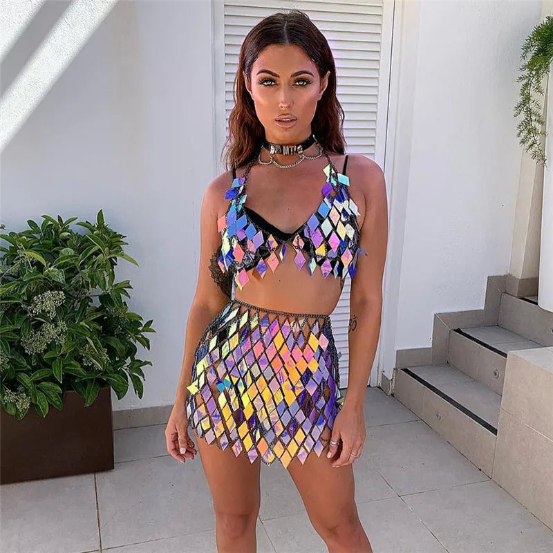 WW | Statement Pailletten Patchwork Crop Top 2 Teilig Rock Set
