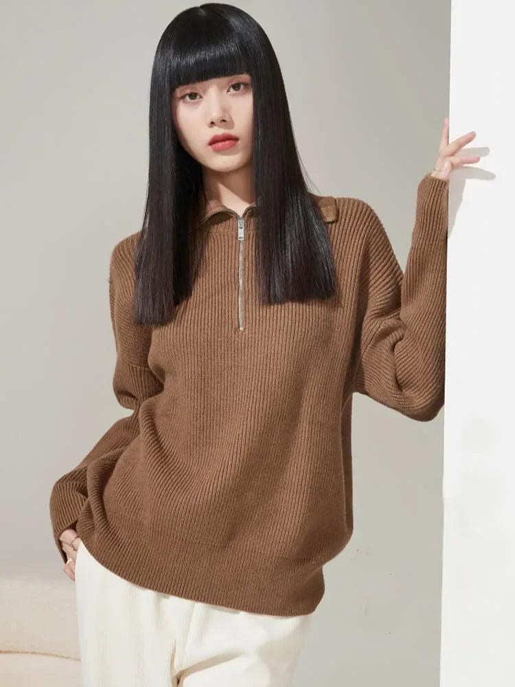 Gestreifter Turtleneck Damenpullover mit Reißverschluss