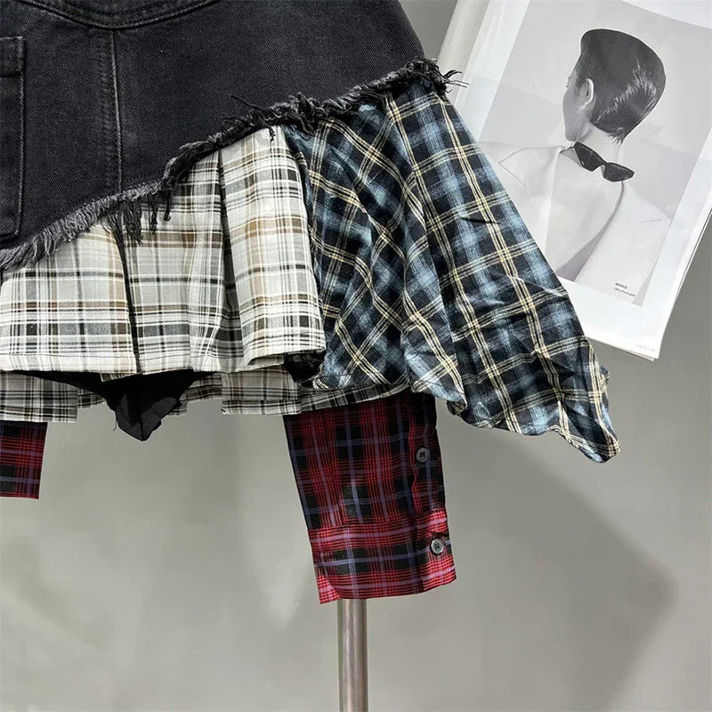 WW | Jahrgang Unregelmäßig Patchwork Kariert Röcke Denim Kurz für Frauen Hohe Taille Eingewickelt Hüfte Mini Rock Sommer Weiblich