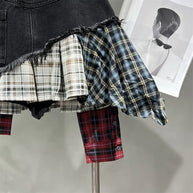 WW | Jahrgang Unregelmäßig Patchwork Kariert Röcke Denim Kurz für Frauen Hohe Taille Eingewickelt Hüfte Mini Rock Sommer Weiblich