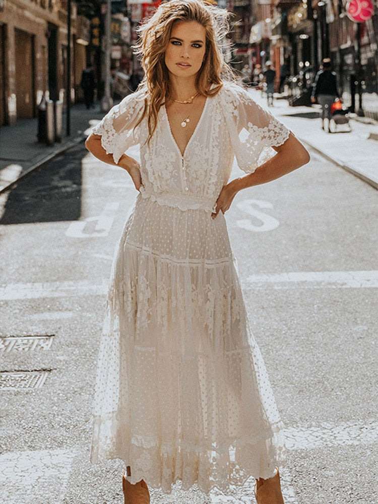 W&W Mode | Cross Halbtransparente Spitzen Maxikleid