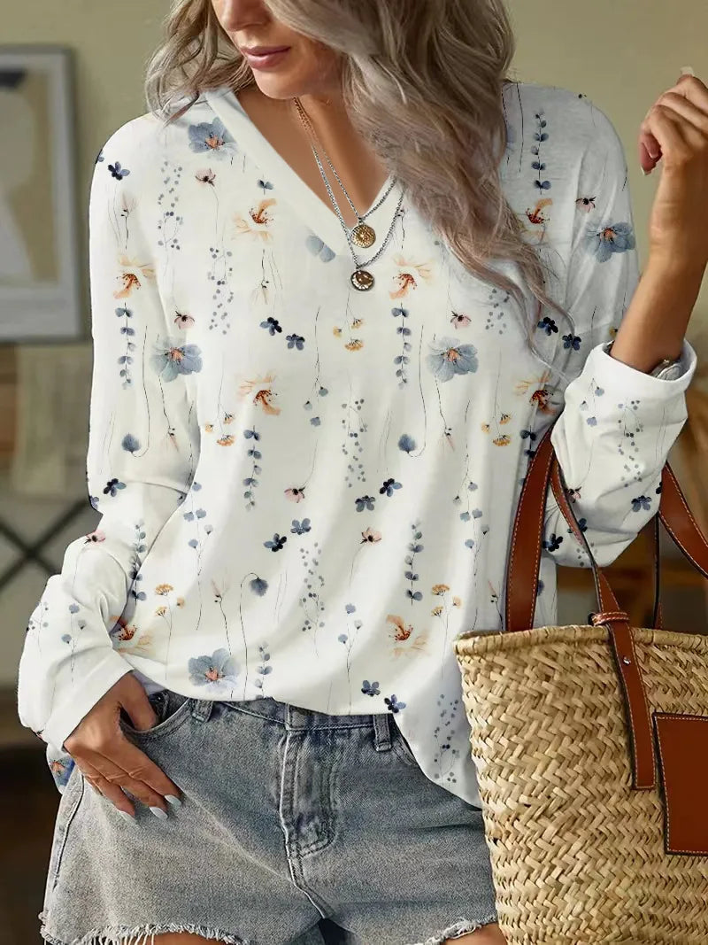 W&W Mode Blumenbluse | Moderne Frühlingsbluse mit V-Ausschnitt und Blumenmuster