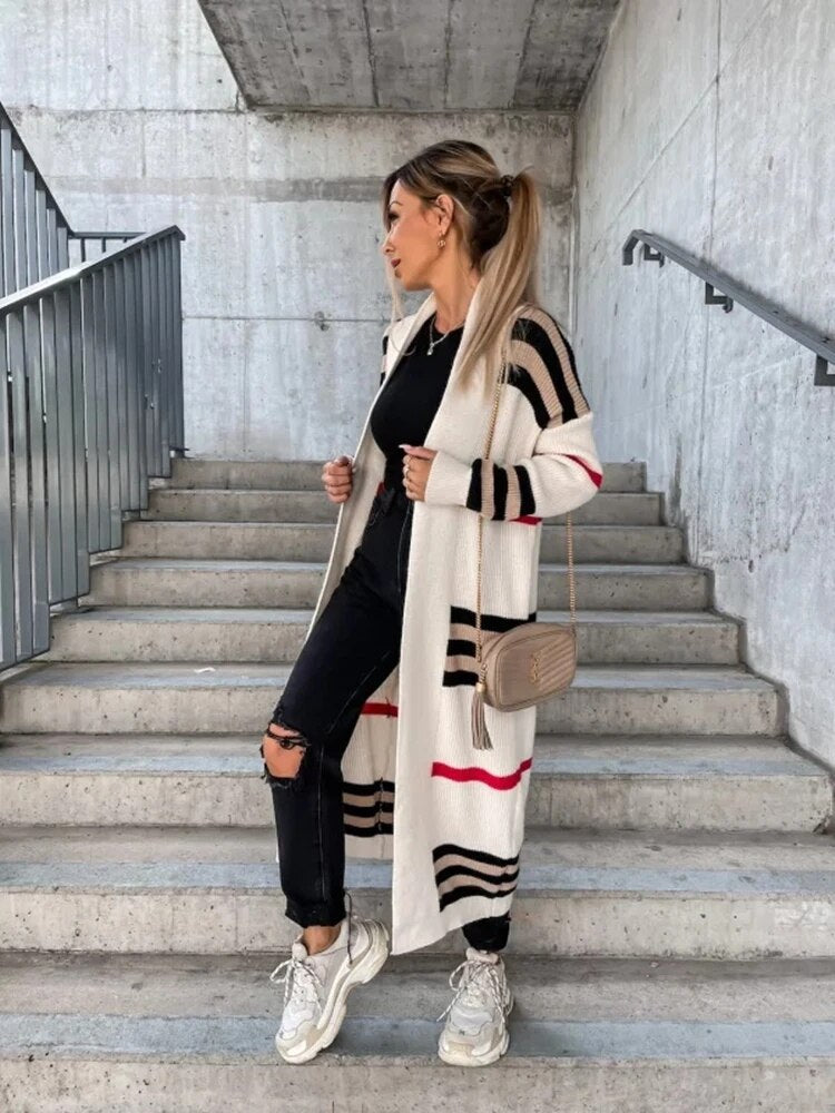 WW | Lange gestreifte Strickjacke für Damen