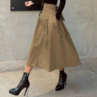 WW | Röcke Frauen Koreanische Mode Einfarbig Big Swing Damenrock Lange Rock Herbst Wild Hohe Taille Schleife Slim Röcke