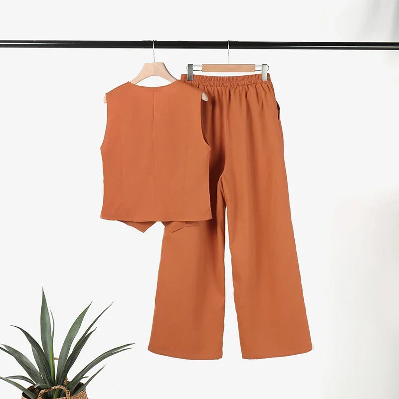 W&W Mode Modern Set | Eleganter ärmelloser V-Ausschnitt-Top und weit geschnittene Hosen Damenanzug